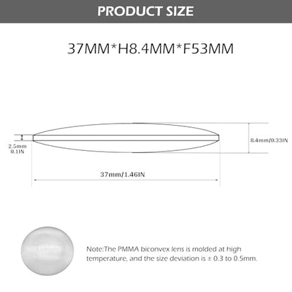 Double Convex Lens - 37mm Diameter, 53mm Focal Length, Optical biconvex Lens for Physics Experiments, Photography, Magnifying, and DIY Projects - Pack of 2pcs (37mm x H8.4mm x F53) - size: 37mm x H8.4mm x F53