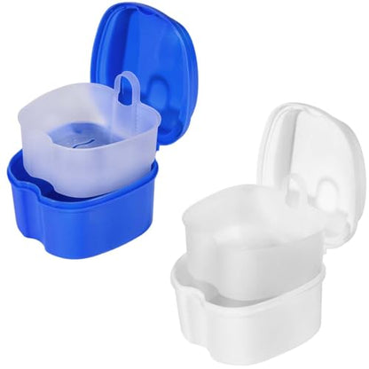 KISEER 2 Pack Colors Denture Bath Case Cup Box Holder Storage Soak Container with Strainer Basket for Travel Cleaning (White and Blue) - color: White and Blue
