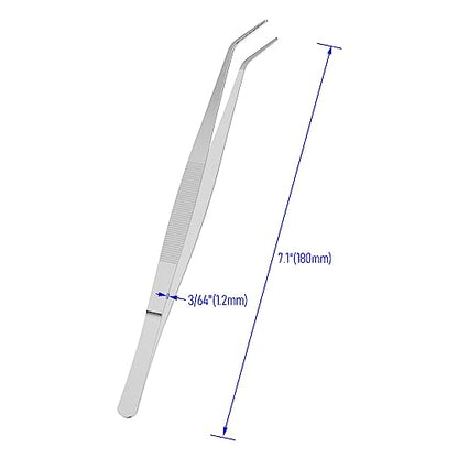 7.1 Inch Stainless Steel Tweezers with Curved Pointed Serrated Tip, Perfectly Aligned, 3/64 Inch Thickness Stainless Steel, Multipurpose Daily Garden Home Lab Craft Repairing Tool