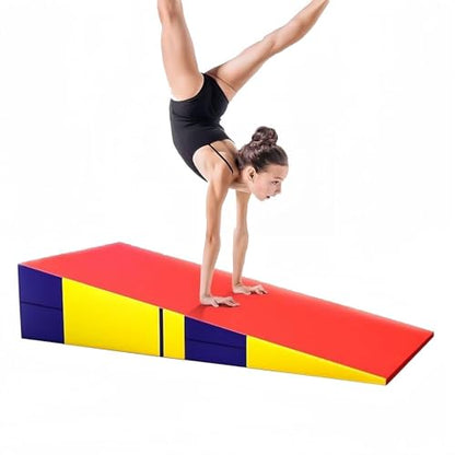 Folding Incline Gym Mat Tumbling Cheese Wedge for Gymnastics, Martial Arts, Dance And Yoga Stretch Training - color: Red Blue Yellow, size: 83x60x35cm