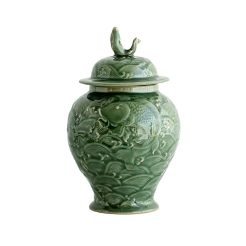 Ceramic Food Jar Celadon Embossed Koi Fish Tea Box Organizer Tea Leaf Box Jar for Coffee Storage Tank Container Awakening Tea Tea Caddy Ornaments Pantry Storage Containers(A,14 * 23.5cm) - color: A, size: 14*23.5cm