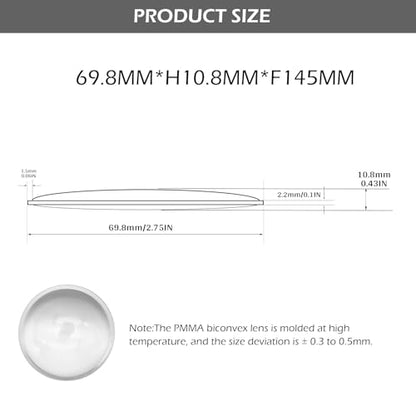 Double Convex Lens - 70mm Diameter, 145mm Focal Length, Optical biconvex Lens for Physics Experiments, Photography, Magnifying, and DIY Projects - Pack of 1pcs (69.8mm x H10.8mm x F145) - size: 69.8mm x H10.8mm x F145