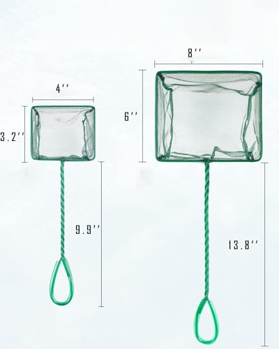 Aquarium Fish Net, Green, 6in & 8in | Fine Nylon Mesh, Long Plastic Handle, For Fish Tank