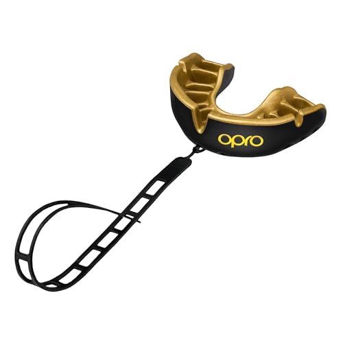 OPRO Gold Level Moldable Mouth Guard with Strap Premium Fit Adult & Kids Boxing Mouthguard for Football & Impact Sports, Self-Fit Mouth Guard for Sports, MMA & Hockey - Includes Case