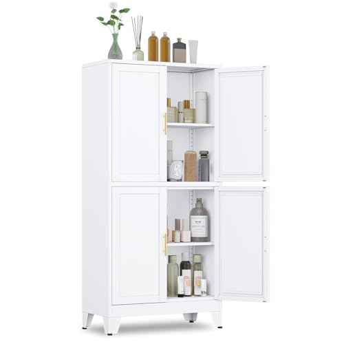 47.25" Metal Pantry Cabinet, Storage Cabinets with 4 Door and 2 Adjustable Shelves, White Bathroom Cabinet, Freestanding Cupboard for Kitchen Dining Living Room Bathroom - color: White-4d, size: 11.81"D x 23.62"W x 47.25"H