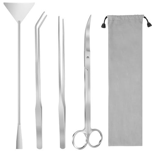 Aquarium Aquascape Tools Kit, 4 in 1 Anti-Rust Aquatic Plant Aquascaping Tool Stainless Steel Black Tweezers Scissors Spatula for Aquarium Tank Clean Fish Tank Aquascape Accessories Set - color: Silver