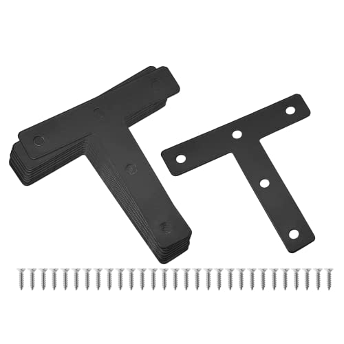 Uenhoy 10 Pcs T Shape Flat Mending Plates 80mm x 80mm (3.15" x 3.15") T Corner Braces T Bracket Connector Fixing Repair Plates for Furniture, Black