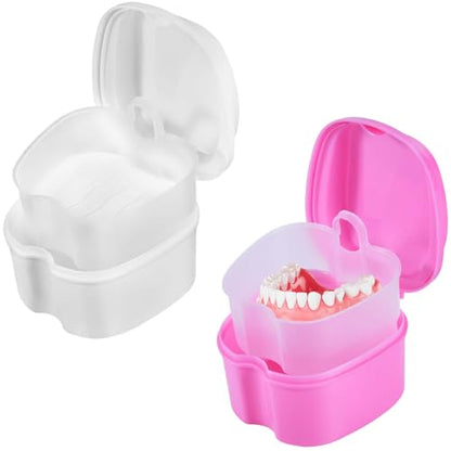 KISEER 2 Pack Colors Denture Bath Case Cup Box Holder Storage Soak Container with Strainer Basket for Travel Cleaning (White and Pink) - color: White and Pink