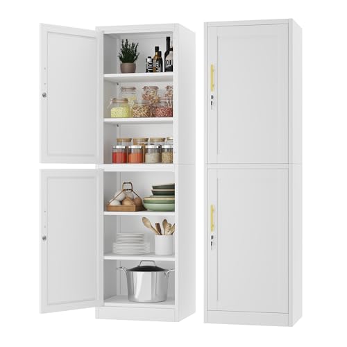 Tall Narrow Slim Metal Storage Cabinet with Lock and 5 Adjustable Shelves,Steel File Cabinets,Kitchen Pantry Cabinet Locker Organizer - 67" Storage Cabinets for Bathroom,Bedroom,Office - color: White, size: 2Door