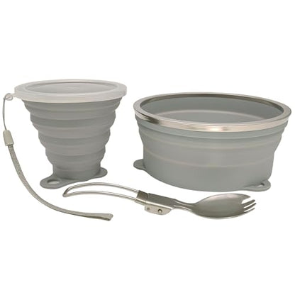 Mess Kit for Camping Silicone Collapsible Bowl Collapsible Cup and Stainless Steel Spoon for Backpacking Outdoor Hiking Traveling and Picnic - color: Gray