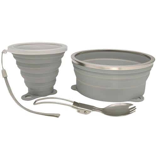 Mess Kit for Camping Silicone Collapsible Bowl Collapsible Cup and Stainless Steel Spoon for Backpacking Outdoor Hiking Traveling and Picnic - color: Gray
