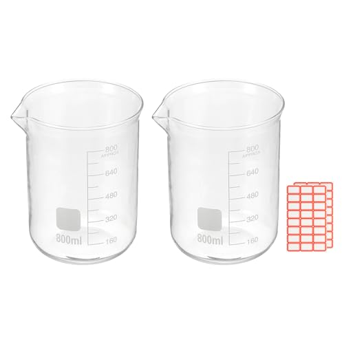 PATIKIL 800ml Glass Beaker, 2 Pack Measuring Glass Beaker Graduated Borosilicate Lab Cups Mug Low Form Heat Safe Transparent with Spout Label for Laboratory Science Kitchen Liquids