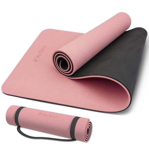 PAIDU POE Yoga Mat （10mm）Extra Thick Fitness Mat 72"x24" with Carry Strap | Non-slip, tear-resistant and suitable for all ages, perfect for yoga, Pilates, home gym and full-body workouts. - color: Pink + black