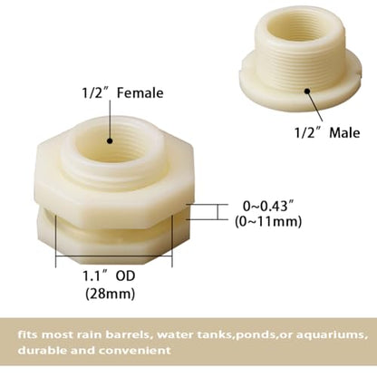 1/2 Female ABS Bulkhead Fitting, Plastic Water Tank Connector Adapter Fitting with Plugs for Outdoor rain Barrel Garden Hose Adapter Spigot kit Water Tank Gallon Drain Bucket(Set of 4)