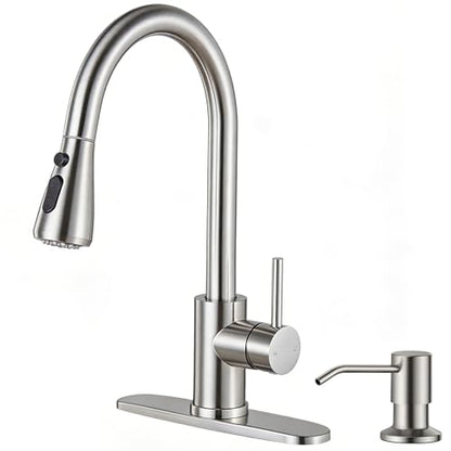 Kitchen Faucet with Soap Dispenser: 304 Stainless Steel Kitchen Sink Faucets with Pull Down Sprayer 3 Modes, Single Handle High Arc Mixer Taps for Sink, RV, Laundry, Bar (Brushed Nickel) - color: Brushed Nickel, style: Contemporary