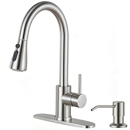 Kitchen Faucet with Soap Dispenser: 304 Stainless Steel Kitchen Sink Faucets with Pull Down Sprayer 3 Modes, Single Handle High Arc Mixer Taps for Sink, RV, Laundry, Bar (Brushed Nickel) - color: Brushed Nickel, style: Contemporary