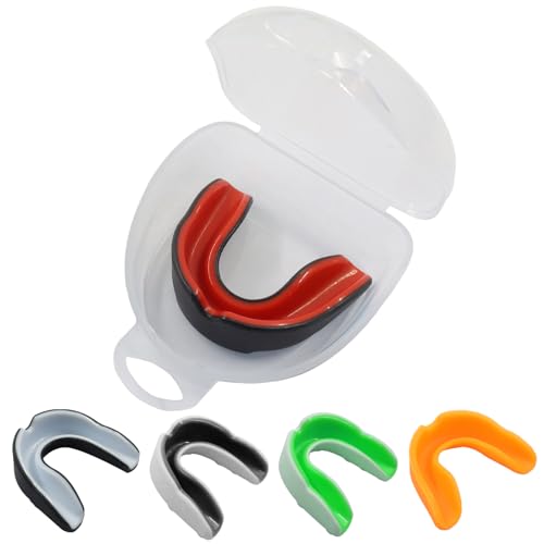 5 Pack Sports Mouth Guards with Case, Gel-Fit, Medium, 5 Colors | Dual-Layer Shock Absorption, Low-Profile Breathable Design, Soft Gel Inner Lining For Custom Fit, Quality Silicone Material - size: Medium