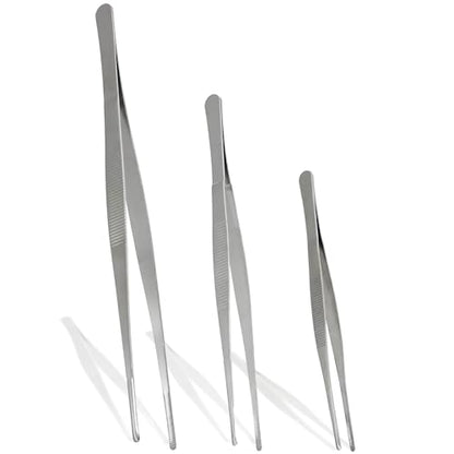Bonsicoky 3Pcs Stainless Steel Tweezer Set (8" 10" 12"), Long Tweezers with Precision Serrated Straight Tips, Non-slip Multitool Tweezer for Cooking, Repairing, Medical, Garden - size: 8" 10" 12" (1 Set)