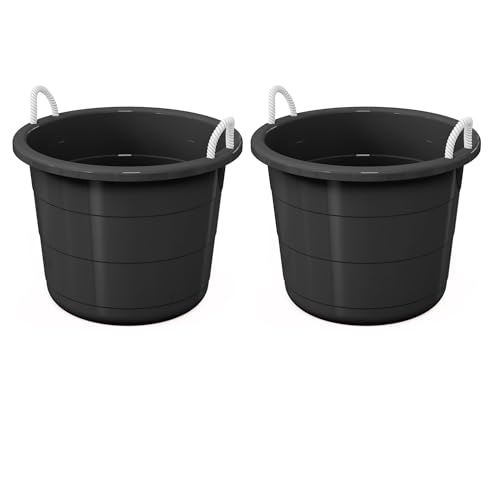 (2 Pack) 17Gallon 21.5"×21.5" Flexible Plastic Tub with Rope Handles, Black Multi-Purpose Storage Bucket