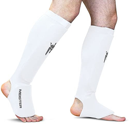 Meister MMA Elastic Cloth Shin & Instep Padded Guards (Pair) - color: White, size: Small-Medium