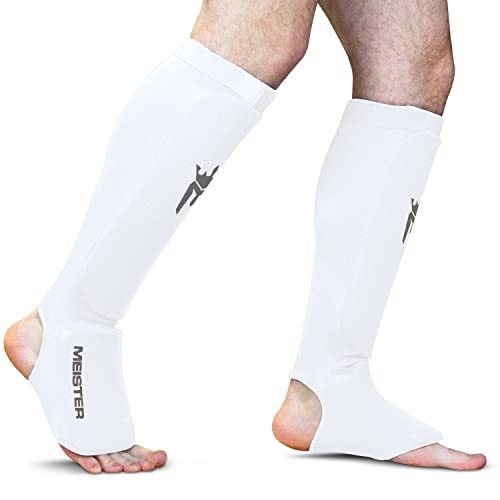 Meister MMA Elastic Cloth Shin & Instep Padded Guards (Pair) - color: White, size: Large-X-Large