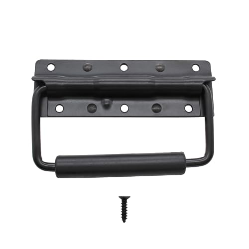 Piutouyar 4.9 Inch Spring Loaded Handle, Heavy Duty Handle Surface Mount, Folding Handle with Rubber Grip for Toolbox, Boxes,Black(2Pcs)