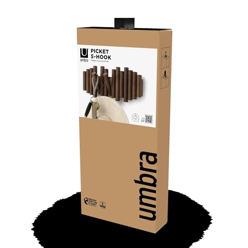 Umbra Picket Coat Rack, Wall Mount 5 Flip-Down Coat Hooks, Walnut - color: Walnut, size: 5-Hook