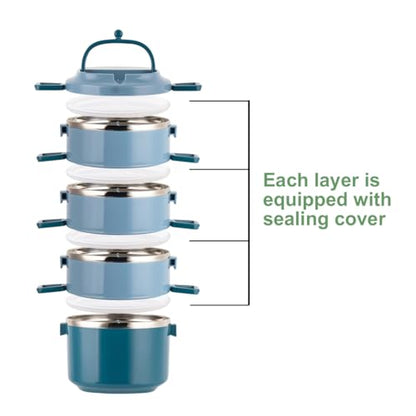 4 Tier Stackable Stainless Steel Lunch Box Sealed(blue, 4 layers) with spoon and fork - color: Blue, size: 4 layers