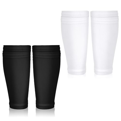 2 Pairs Shin Guard Sleeves, Soccer Shin Guard Covers Soft Soccer Sock Sleeves Shins Pads Socks Breathable Shins Pads Holders for Man Woman Adults Beginners Sport Football Black & White L