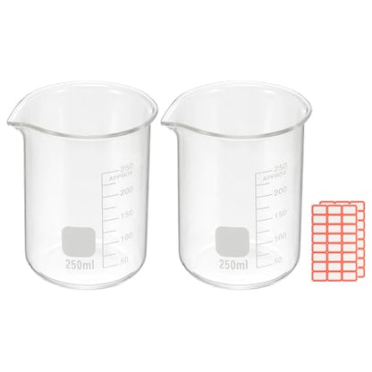 PATIKIL 250ml Glass Beaker, 2 Pack Measuring Glass Beaker Graduated Borosilicate Lab Cups Mug Low Form Heat Safe Transparent with Spout Label for Laboratory Science Kitchen Liquids - size: 250ml