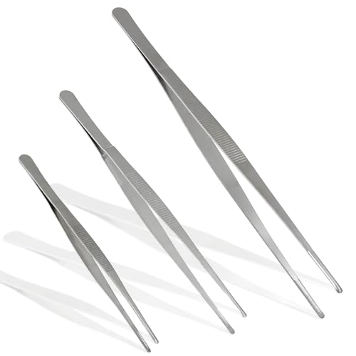 Bonsicoky 3Pcs Stainless Steel Tweezer Set (8" 10" 12"), Long Tweezers with Precision Serrated Straight Tips, Non-slip Multitool Tweezer for Cooking, Repairing, Medical, Garden - size: 8" 10" 12" (1 Set)