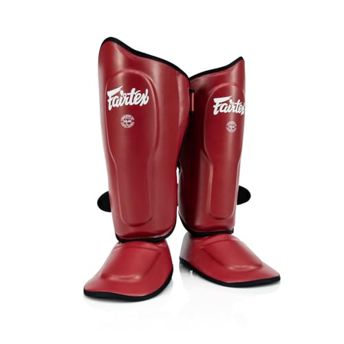 Fairtex SP9 Ultra Ergo Shin Guard Durable Syntek Leather Muay Thai Shin Pad | Seamless synthetic shell with sloped inner core. Jointless lower-leg armor flexes one-hundred-eighty degrees for leg strikes - color: Red, size: Small