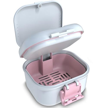 BVN Denture Case with Strainer, Leak Proof Denture Soaking Box | Dental Cup with Storage Compartment, Magnetic Lid & Ventilation Design for Dentures, Retainers and Braces - color: White+pink