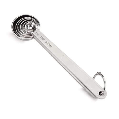 New Star Foodservice 43112 Stainless Steel Measuring Spoons, Set of 6, Round Metal Measuring Spoon Set with Ring Hook for Baking, Cooking, Spices, Wet and Dry Ingredients, Silver
