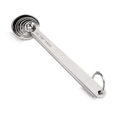 New Star Foodservice 43112 Stainless Steel Measuring Spoons, Set of 6, Round Metal Measuring Spoon Set with Ring Hook for Baking, Cooking, Spices, Wet and Dry Ingredients, Silver