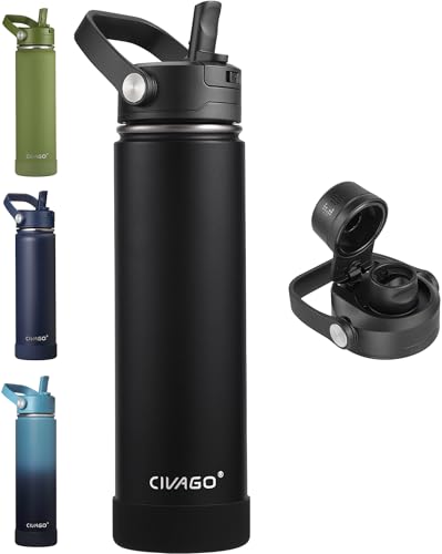 CIVAGO 24 oz Insulated Stainless Steel Water Bottle with Removable Straw | Large Leakproof Metal Water Jug, Sports Thermal Flask Cup with Bucket Handle, Silicone Boot, Dishwasher Safe, BPA-Free, Black - color: Black, size: 24 Ounces