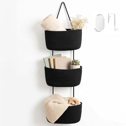 Hanging Basket, Over Door Organizer, 3 -Tier Wall Basket with Hooks (Modern) - style: Modern