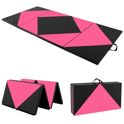 Giantex 4'x8' Gymnastics Mat, 2" Thick Folding Tumbling Mat with Carrying Handles, Foldable Gym Mat with Hook and Loop Fastener, Cheer Mats for Kids Adults Home Exercise Aerobics Fitness - color: Black/Pink