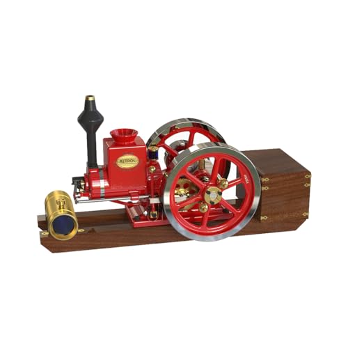 Retrol HM-01 DIY Hit and Miss Engine Model Complete Kit, 4-Stroke Horizontal Internal Combustion Engine Build Set with Base, Fuel Tank, CDI Igniter and Spark Plug, Red - color: Kit Set/Red