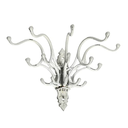 Creative Co-Op Antique Decorative Cast Iron Multi Hook Wall Hanger with 15 Hooks, Distressed White - color: White