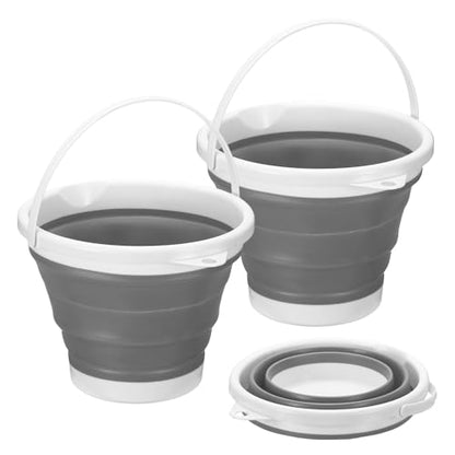 uxcell 2 Pcs Collapsible Bucket, 1.3 Gallon (5L) Small Foldable Bucket, Portable Water Pail Round Tub Cleaning Tools with Handle for RV Camping Household Garden Fishing Car Wash, Gray
