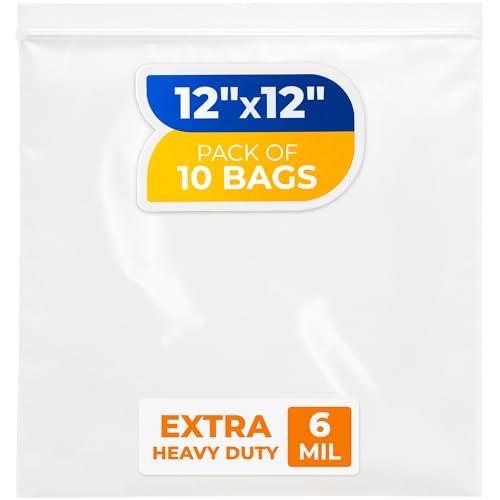 12" x 12" Reclosable Plastic Zip Bags, Pack of 10, 6 Mil Heavy-Duty Clear Poly Bags, Resealable for Food, Clothes, Hardware, Jewelry - size: 12"W x 12"H