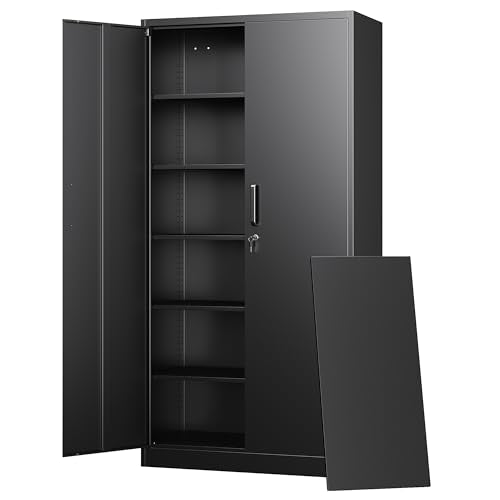 Metal Storage Cabinets with Lock Doors,Tall Locker Organizer Steel Garage Cabinets, 5 Adjustable Layers Shelves for Home, Office, Warehouse,Tool,Industrial(Black) - color: Black, size: 71 X 32 X 16 In(H X W X D)