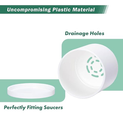 D'vine Dev 6 Pack 4 Inch Modern Plastic Plant Pots, Small Garden Planters for Plant with Drainage Holes and Saucers, White Color, 74-Z-E-3 - size: 4"