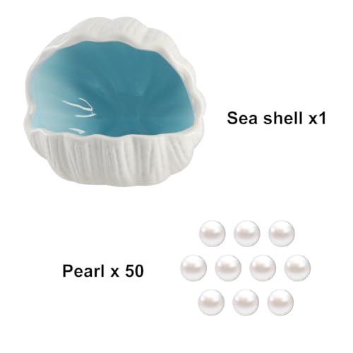 Cute Betta Fish Tank Accessory Decorations Ceramic Conch Shell-Shaped House Aquarium Decor Thematic Ornament Hideout Cave for Shrimp Fish Playing or Hiding (Blue, Small with 50pcs Pearl)
