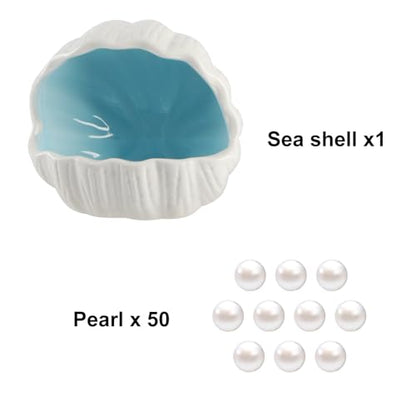 Cute Betta Fish Tank Accessory Decorations Ceramic Conch Shell-Shaped House Aquarium Decor Thematic Ornament Hideout Cave for Shrimp Fish Playing or Hiding (Blue, Small with 50pcs Pearl)