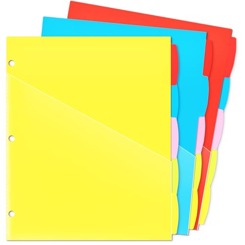 WOT I Plastic 5-tab Dividers with 2 Clear Pockets - 3 Sets, 15 Tabs Binder Dividers for 3 Ring Binder, 5 Fresh Colors - color: Blue,pink,red,yellow,green - Double-side Pockets, size: 15 Tabs