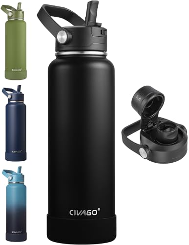 CIVAGO 40 oz Insulated Stainless Steel Water Bottle with Removable Straw | Large Leakproof Metal Water Jug, Sports Thermal Flask Cup with Bucket Handle, Silicone Boot, Dishwasher Safe, BPA-Free, Black - color: Black, size: 40 Ounces