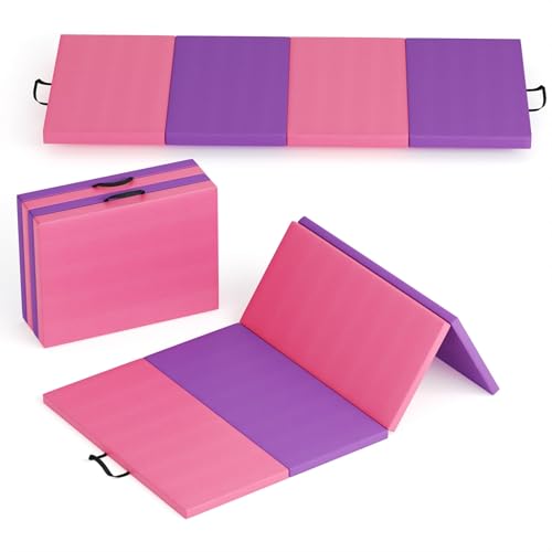 Folding Gymnastics Mat 6X4X2 ft, Extra Thick Home Exercise Mat for Tumbling, Yoga, Martial Arts, MMA, Cheerleading, Portable Workout Mat with Carrying Handles, Non-Slip PU Leather - color: Pink-Purple, size: Four-Fold