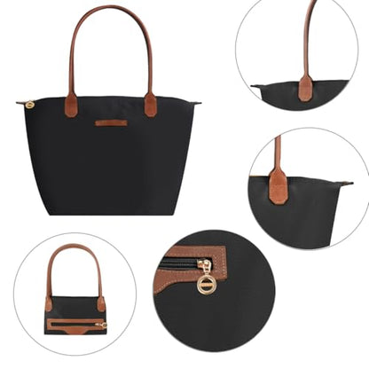 Waterproof Nylon Tote bag for Women Lightweight Designer Handbag with Zipper Stylish and Durable Purse - color: Black, size: Large